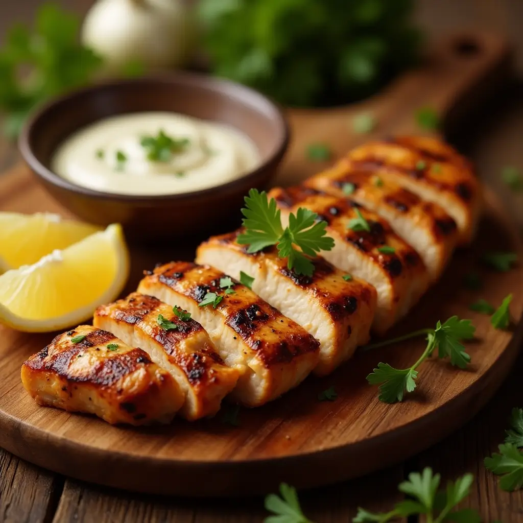 grilled chicken with crispy skin, rosemary, and lemon on a wooden board.