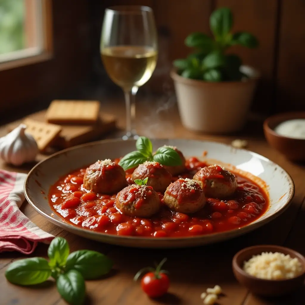 A plate of homemade Italian meatballs in tomato sauce, garnished with basil and Parmesan, set in a cozy rustic kitchen with traditional ingredients around it.