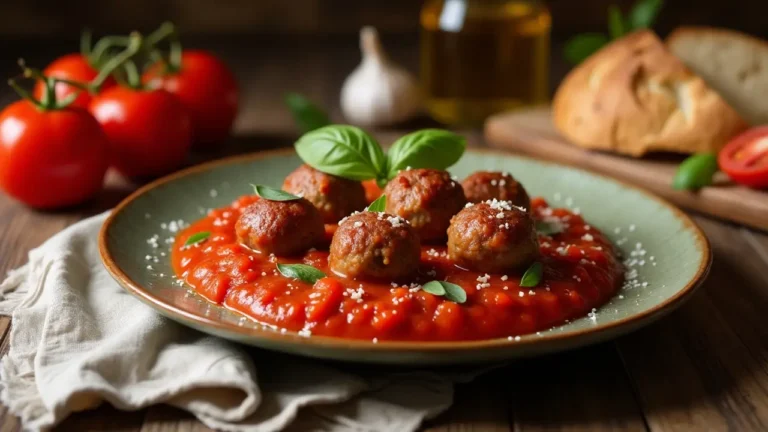 Traditional Italian meatballs in rich tomato sauce, topped with Parmesan and basil, served in a rustic kitchen setting.