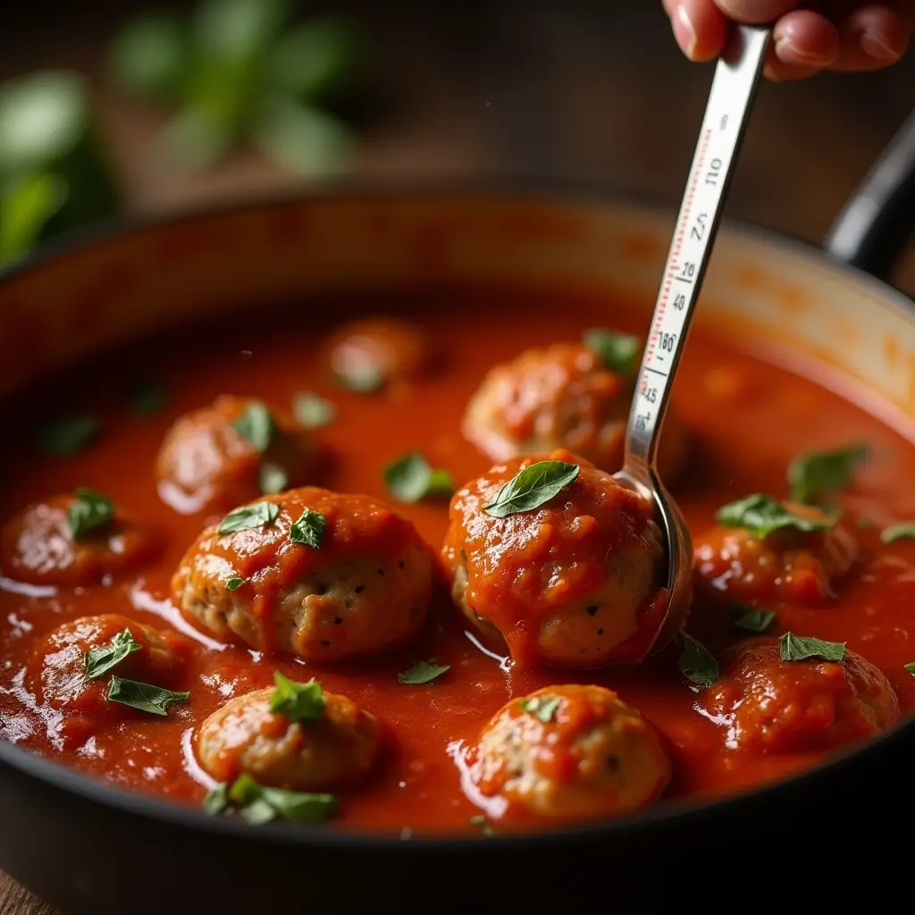 Baked Italian meatballs simmering in tomato sauce, with sauce spooned over the top, then checked for doneness using a meat thermometer before garnishing with fresh basil.