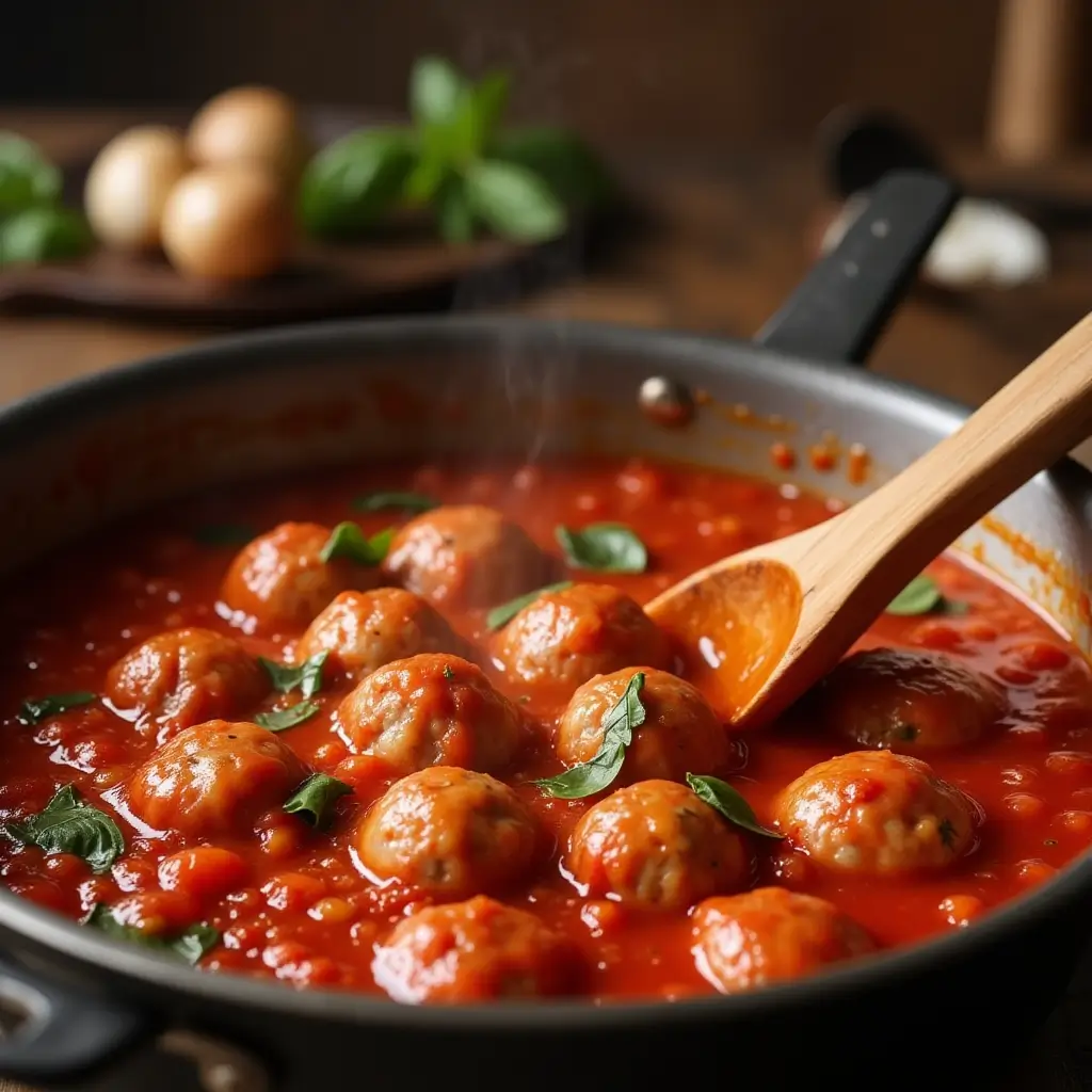 Sautéing shallots in olive oil, adding garlic, red pepper flakes, wine, and herbs, then simmering crushed tomatoes, chicken stock, and basil to create a rich homemade sauce for Italian meatballs.