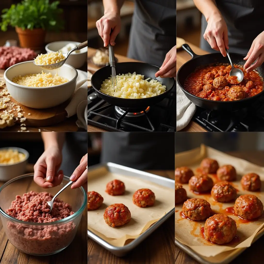 Making Italian meatballs step-by-step—from soaking crackers in milk to sautéing aromatics, mixing the meat, shaping four large meatballs, and baking them to a golden finish.