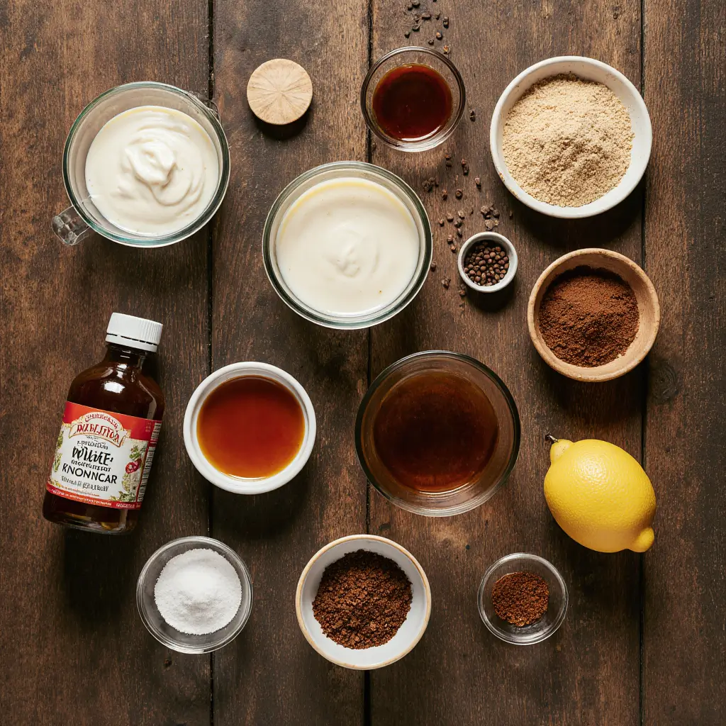 Overhead shot of all ingredients for Alabama white BBQ sauce on a rustic wooden table.
