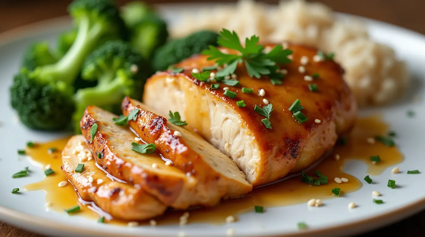 Epic 12-minute honey garlic chicken breast sliced on a white plate with sticky glaze, jasmine rice, and broccoli, garnished with parsley and sesame seeds.