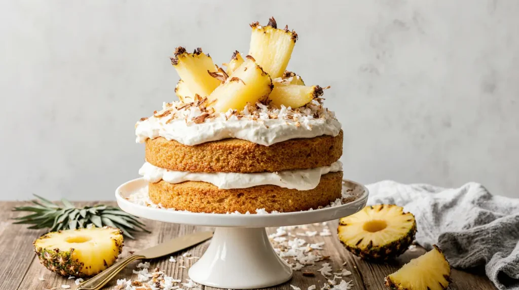 Moist pineapple coconut cake with cream cheese frosting, topped with toasted coconut flakes and pineapple chunks on a white cake stand.