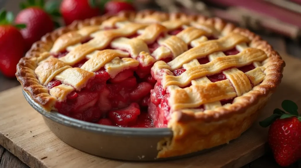 Strawberry rhubarb pie with golden lattice crust and thick, juicy filling on a rustic table.