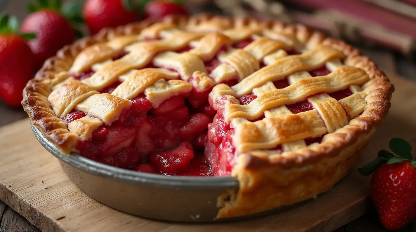 Strawberry rhubarb pie with golden lattice crust and thick, juicy filling on a rustic table.