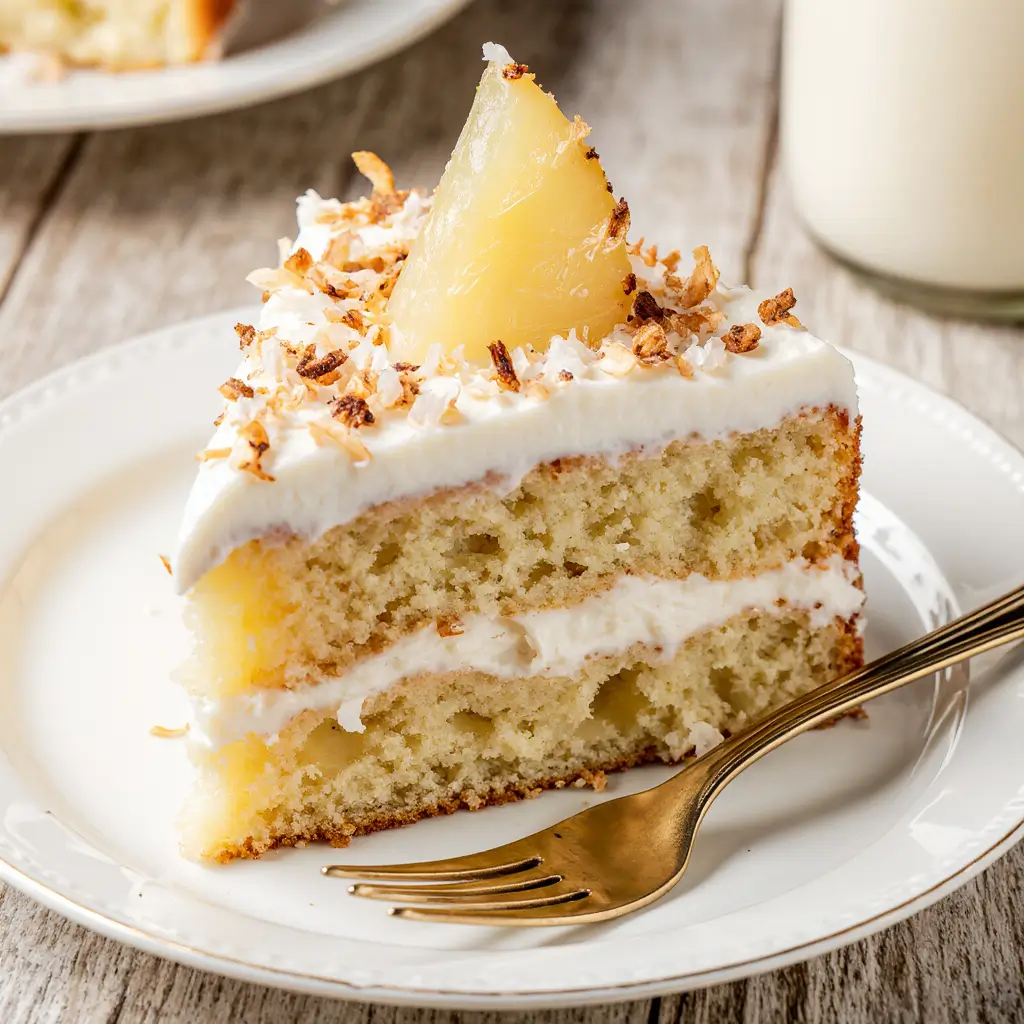 A close-up of a slice of pineapple coconut cake with cream cheese frosting, topped with toasted coconut and pineapple, on a white plate.