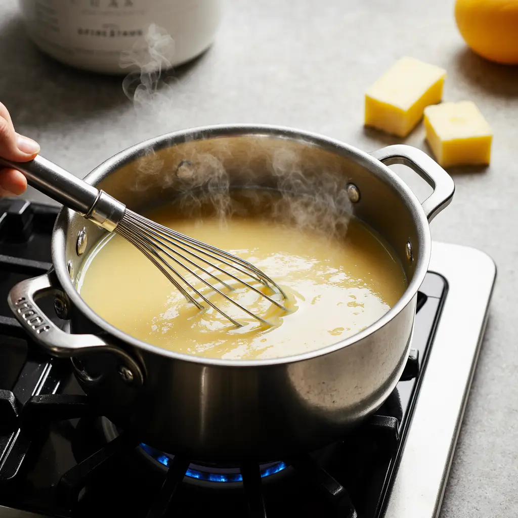 Pineapple curd being whisked in a double boiler, thickening until glossy, with steam rising and butter nearby.