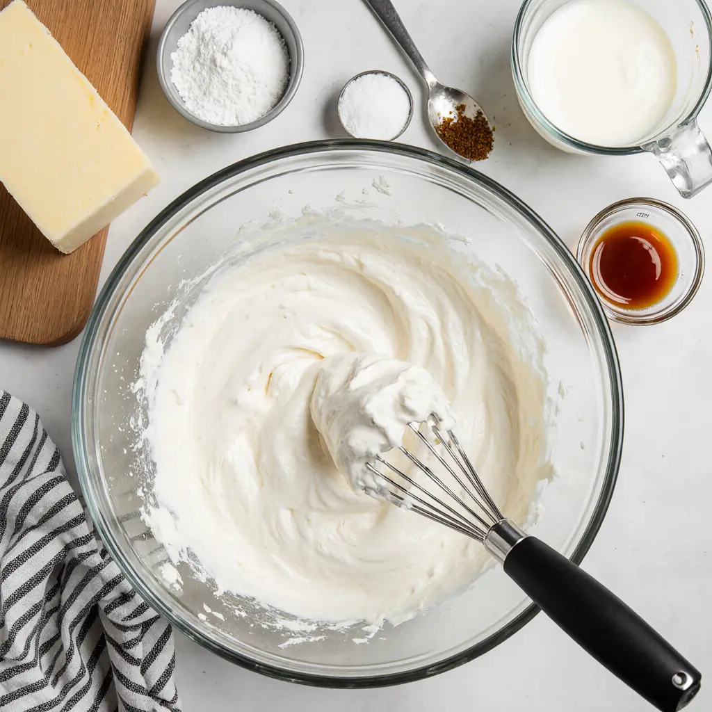 Cream cheese frosting being whipped in a bowl, surrounded by butter, sugar, vanilla, and coconut milk.