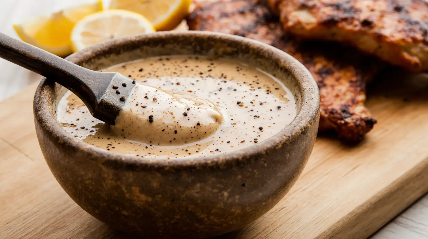 Close-up of creamy Alabama white BBQ sauce in a bowl with pepper and spices, perfect for grilling.