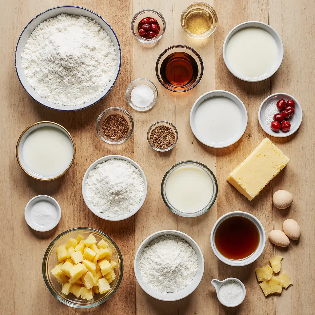 Flat-lay of ingredients for pineapple coconut cake: flour, butter, sugar, eggs, coconut milk, pineapple, cream cheese, and garnishes on a wooden counter.