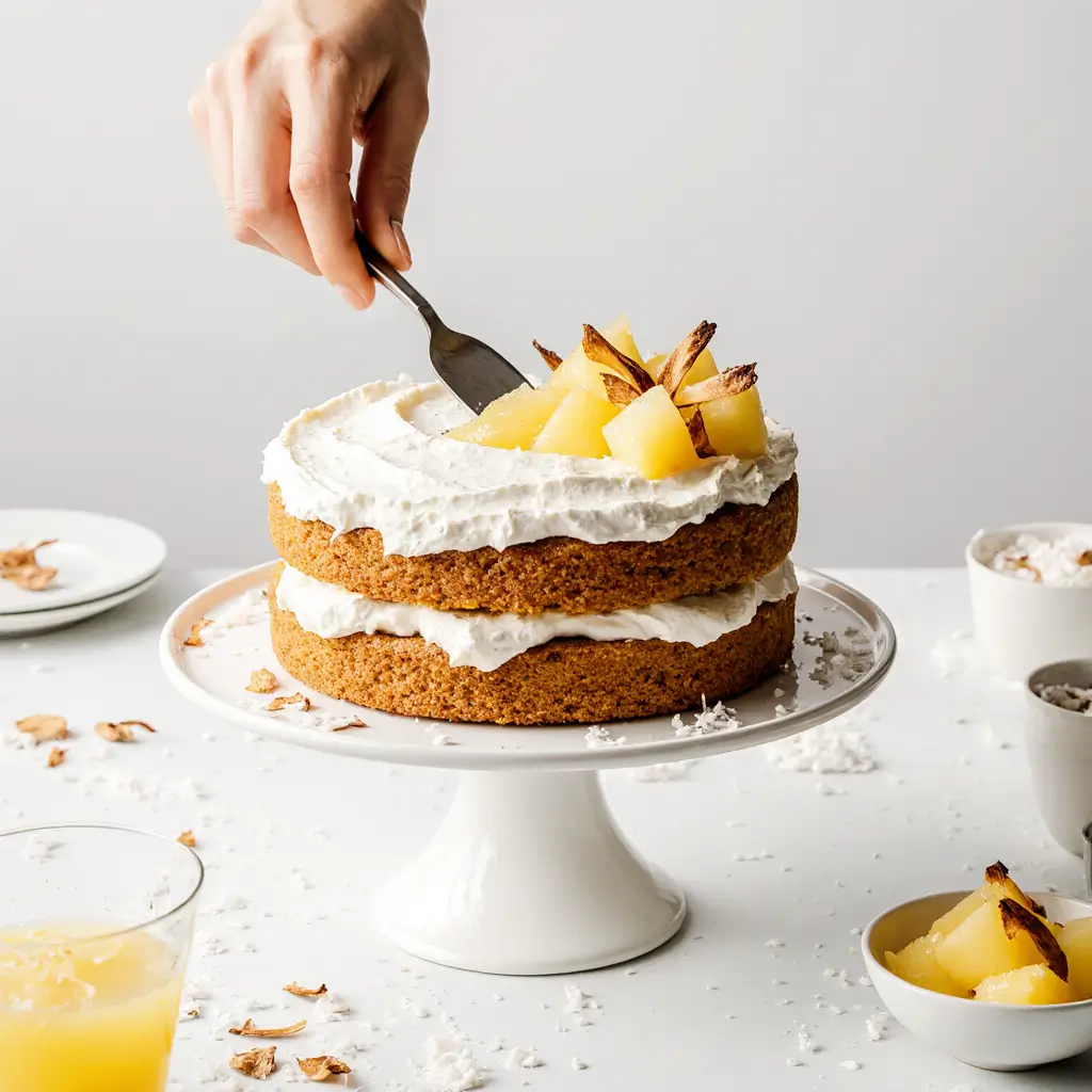 Two-layer pineapple coconut cake being frosted and assembled, with pineapple curd, toasted coconut, and pineapple chunks for garnish.