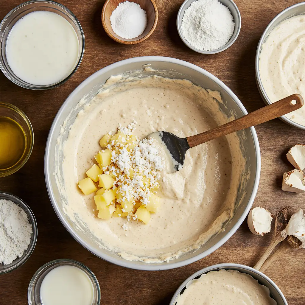 Pineapple coconut cake batter being folded with pineapple chunks and coconut, with cake pans ready on the counter.