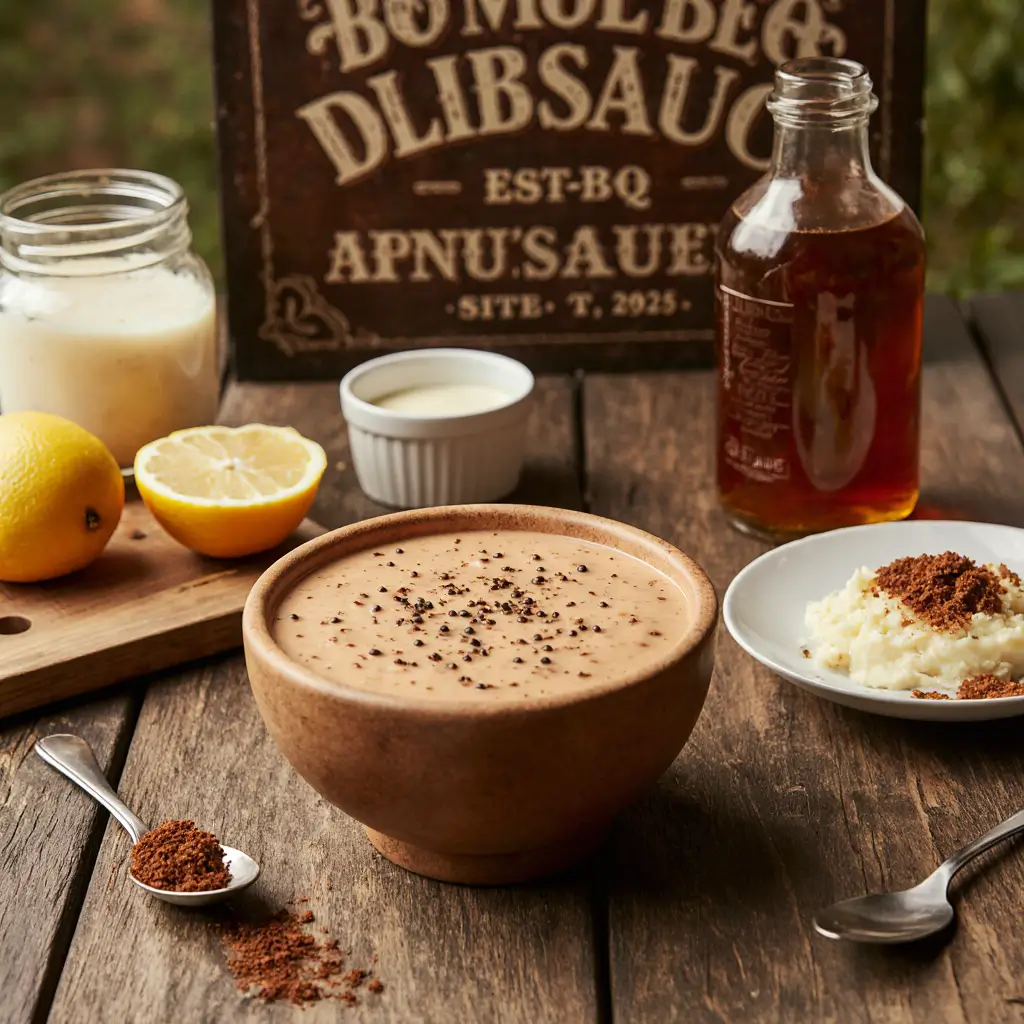 Alabama white BBQ sauce in a rustic bowl, surrounded by fresh ingredients like mayo, vinegar, and lemon, inspired by Big Bob Gibson’s original recipe.