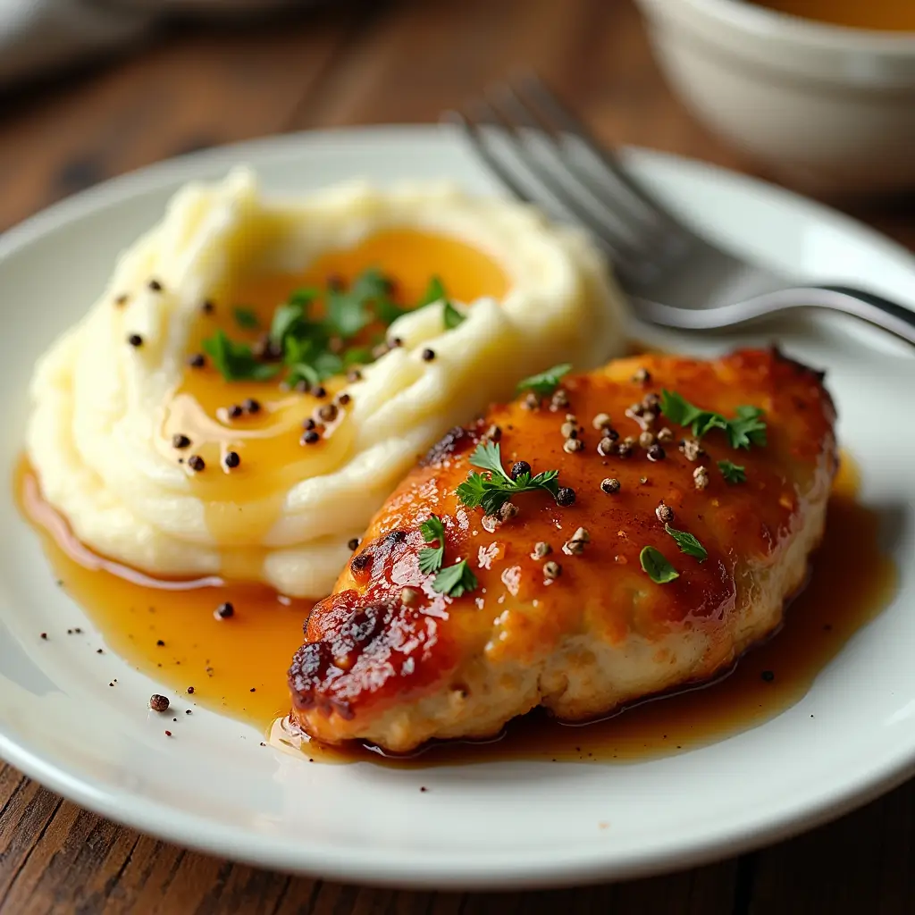 Honey garlic chicken breast served with creamy mashed potatoes topped with honey garlic sauce gravy and garnished with parsley.