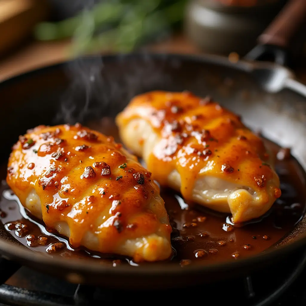 Golden chicken breasts coated in glossy honey garlic sauce, simmering in a skillet, ready to serve.