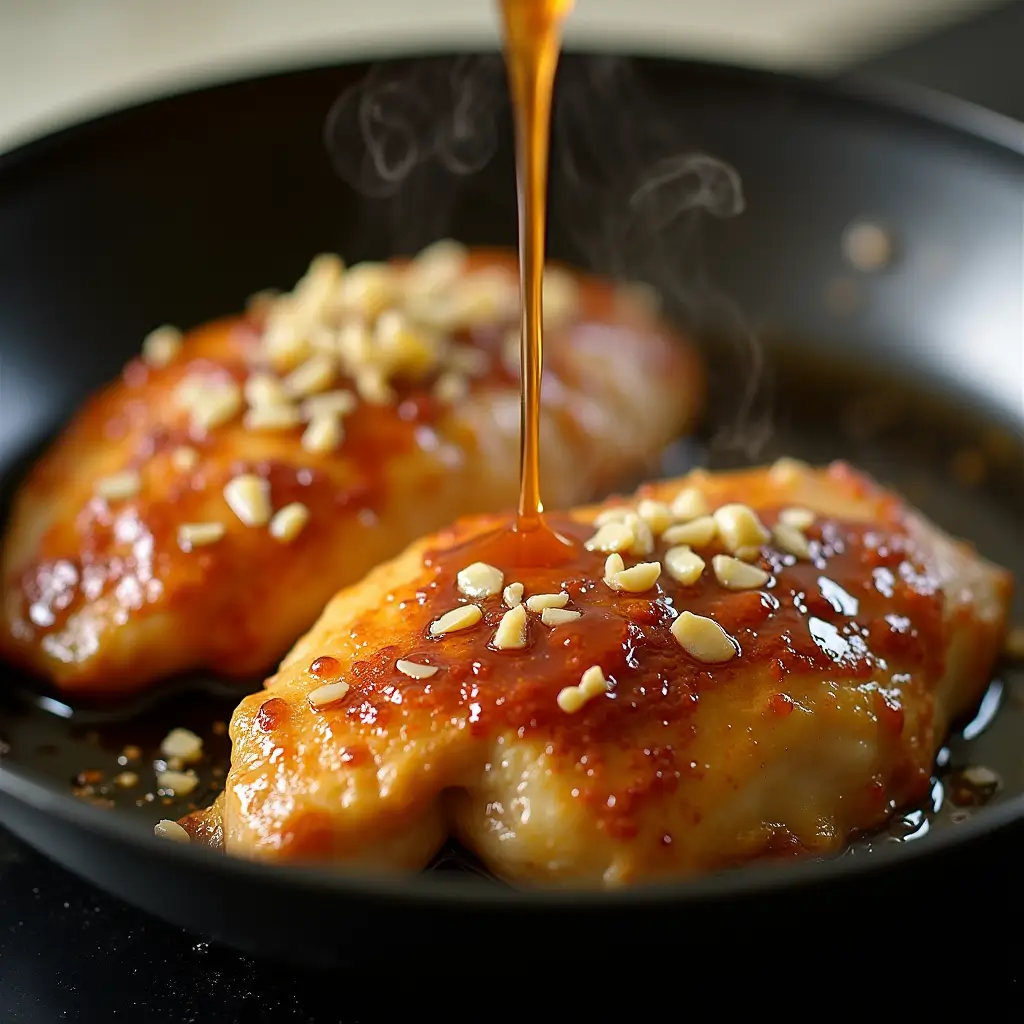 Honey garlic sauce bubbling in skillet alongside golden chicken breasts, with garlic sautéing for an easy quick recipe.