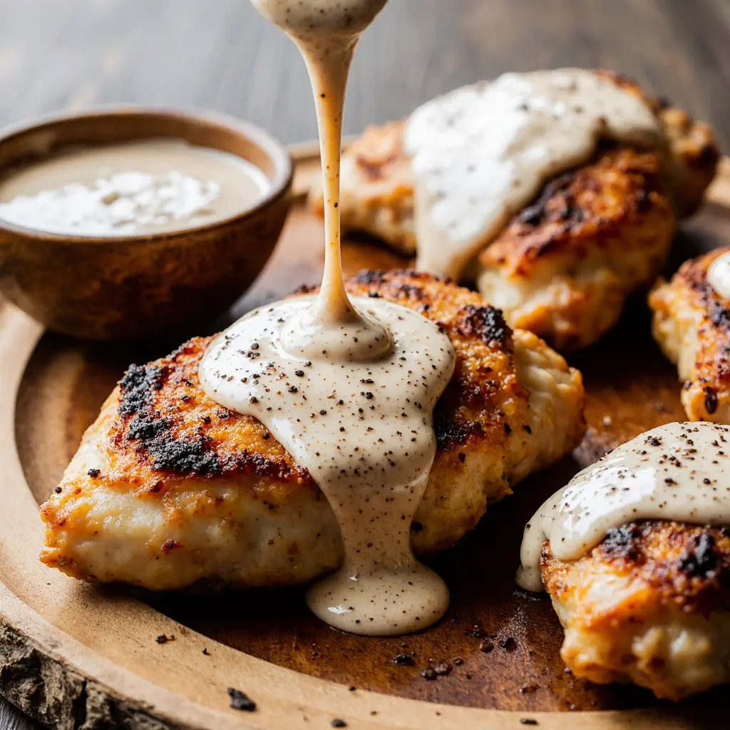 Juicy grilled chicken with creamy Alabama white BBQ sauce and extra sauce in a small bowl on a rustic wooden platter.