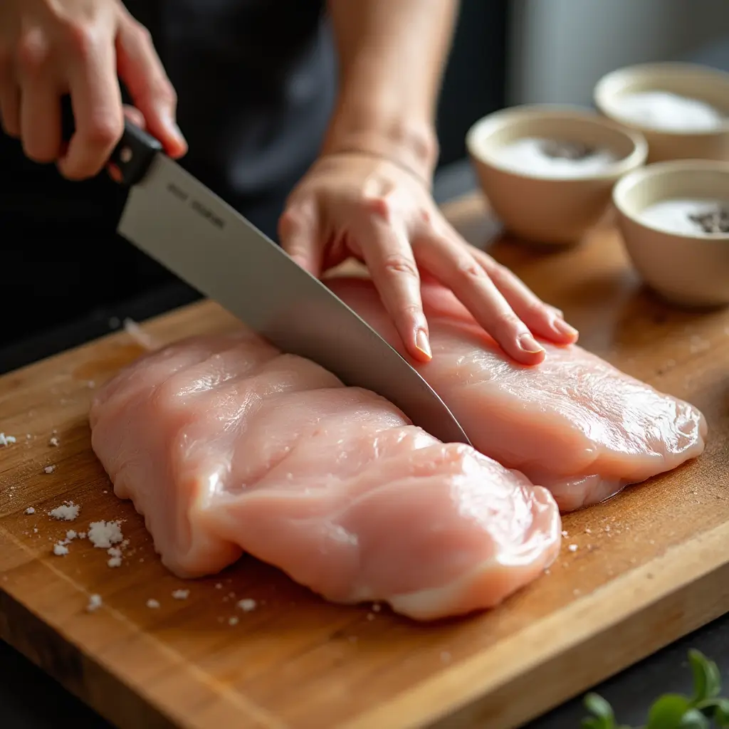 Slicing raw chicken breasts into thin cutlets on a wooden board with salt and pepper nearby, prepping for honey garlic chicken recipe.
