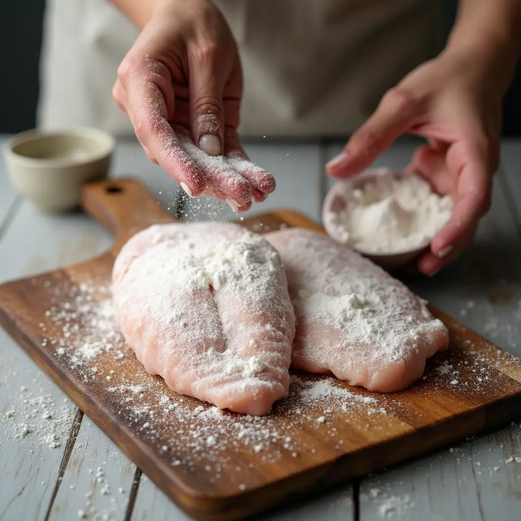 Chicken cutlets being lightly coated with flour, with excess flour being shaken off, preparing for honey garlic chicken sauce.