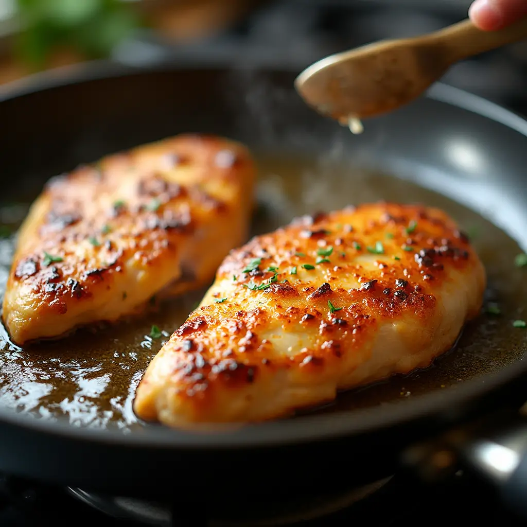 Golden-brown chicken cutlets searing in melted butter on a skillet, cooking to perfection for honey garlic chicken breast recipe.