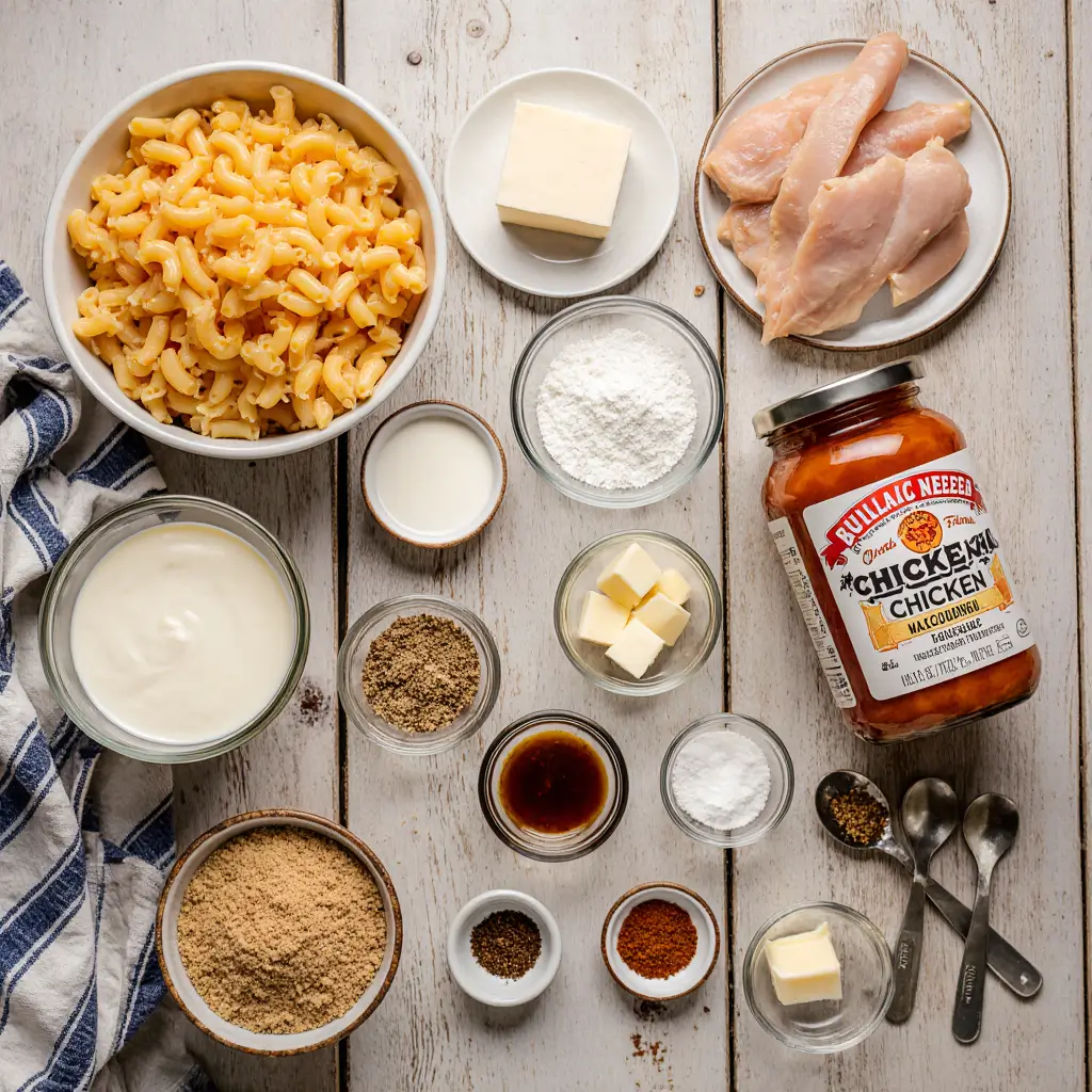 Flat lay of ingredients for Buffalo Chicken Mac and Cheese including pasta, cheeses, buffalo sauce, shredded chicken, spices, butter, and panko breadcrumbs.
