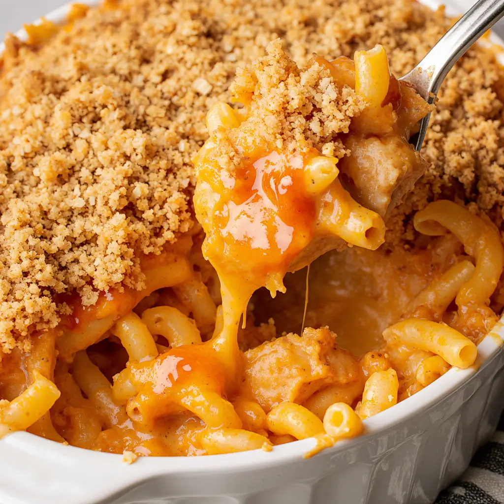 Close-up of Buffalo Chicken Mac and Cheese with golden panko topping, gooey cheese, and buffalo sauce drizzle.