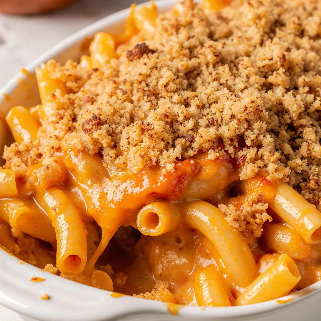 game day Buffalo Chicken Mac and Cheese with golden panko topping, gooey cheese, and buffalo sauce drizzle.