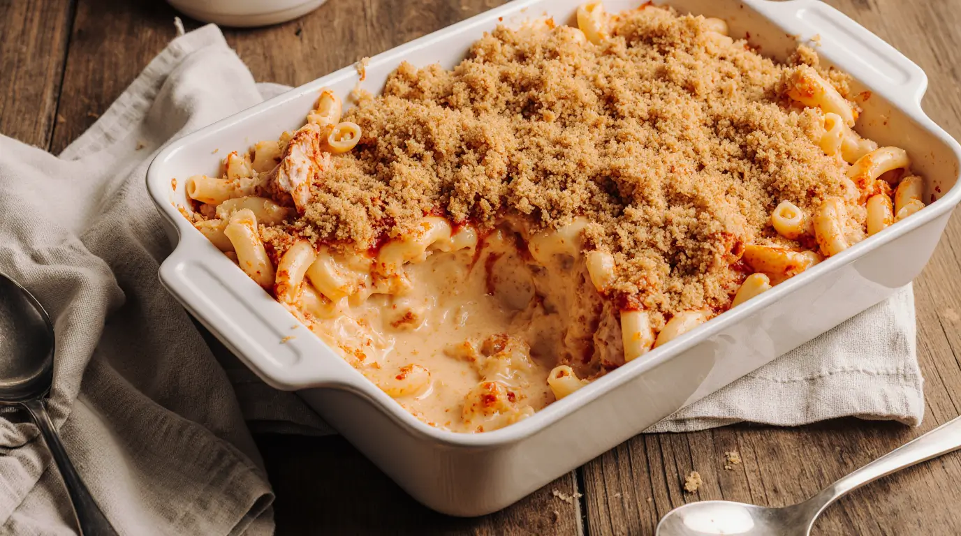 Creamy Buffalo Chicken Mac and Cheese in a white casserole dish with golden panko topping and buffalo sauce drizzle, served on rustic wooden table.