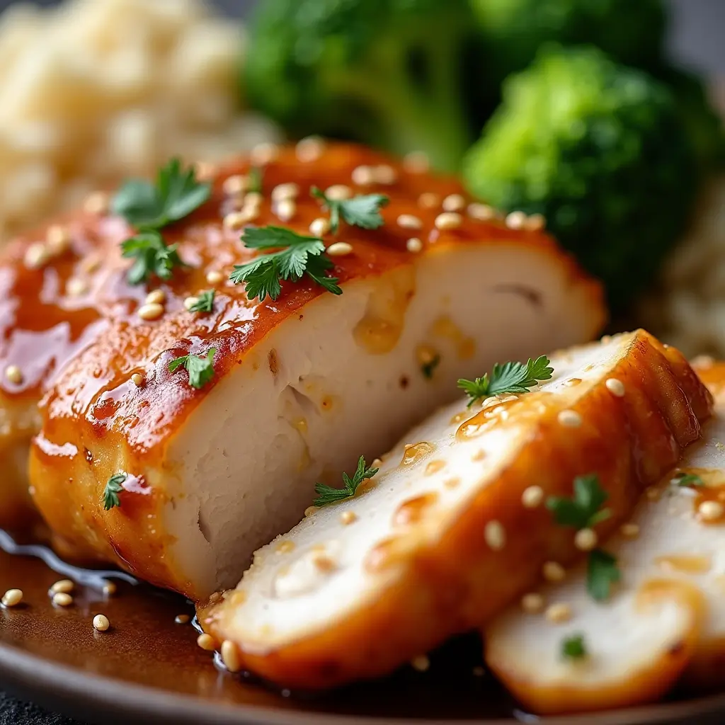Close-up of juicy honey garlic chicken breast with sticky glaze, sesame seeds, and parsley, with blurred rice and broccoli in the background.