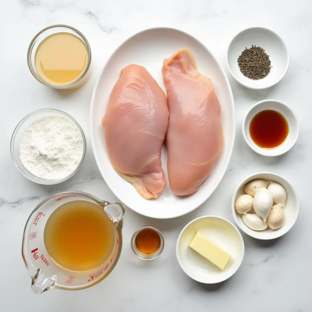 Ingredients for honey garlic chicken breast recipe: raw chicken breasts, salt, pepper, flour, butter, fresh garlic, honey, soy sauce, and apple cider vinegar in small bowls on white marble.