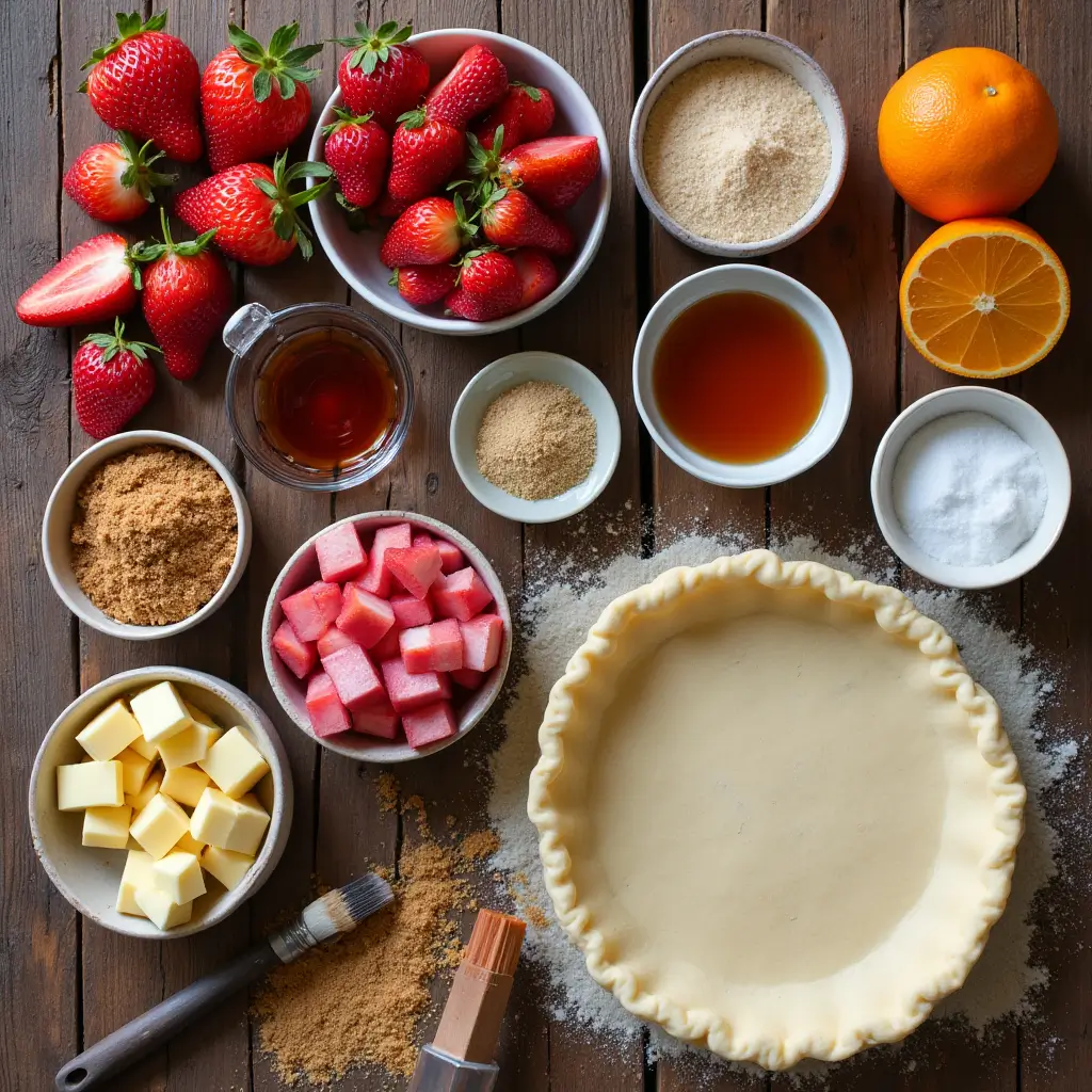 Flat lay of fresh strawberries, chopped rhubarb, sugars, cornstarch, butter, orange, vanilla, and pie crust for strawberry rhubarb pie.