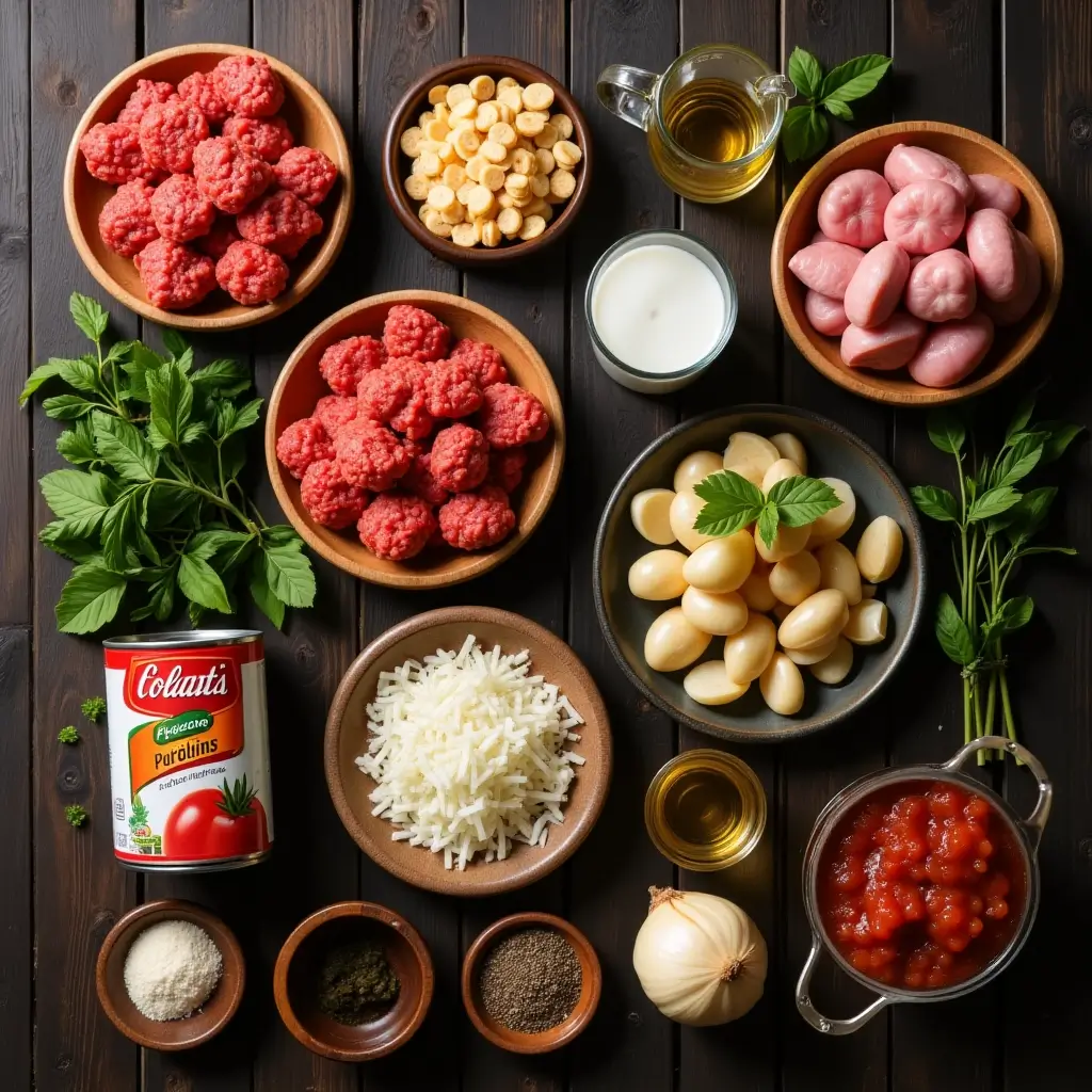 Flat lay of ingredients for Italian meatballs and homemade tomato sauce including beef, pork, garlic, onion, herbs, crushed tomatoes, and spices on a rustic wood table.