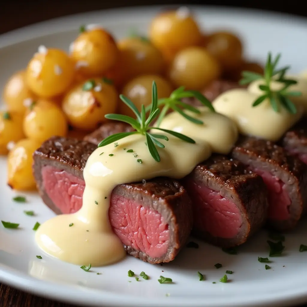 Close-up of medium-rare beef fillet slices with Béarnaise sauce and Hasselback potatoes.