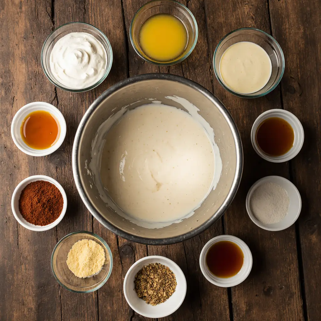 Alabama white BBQ sauce being prepared step-by-step in a mixing bowl on a rustic wooden table.