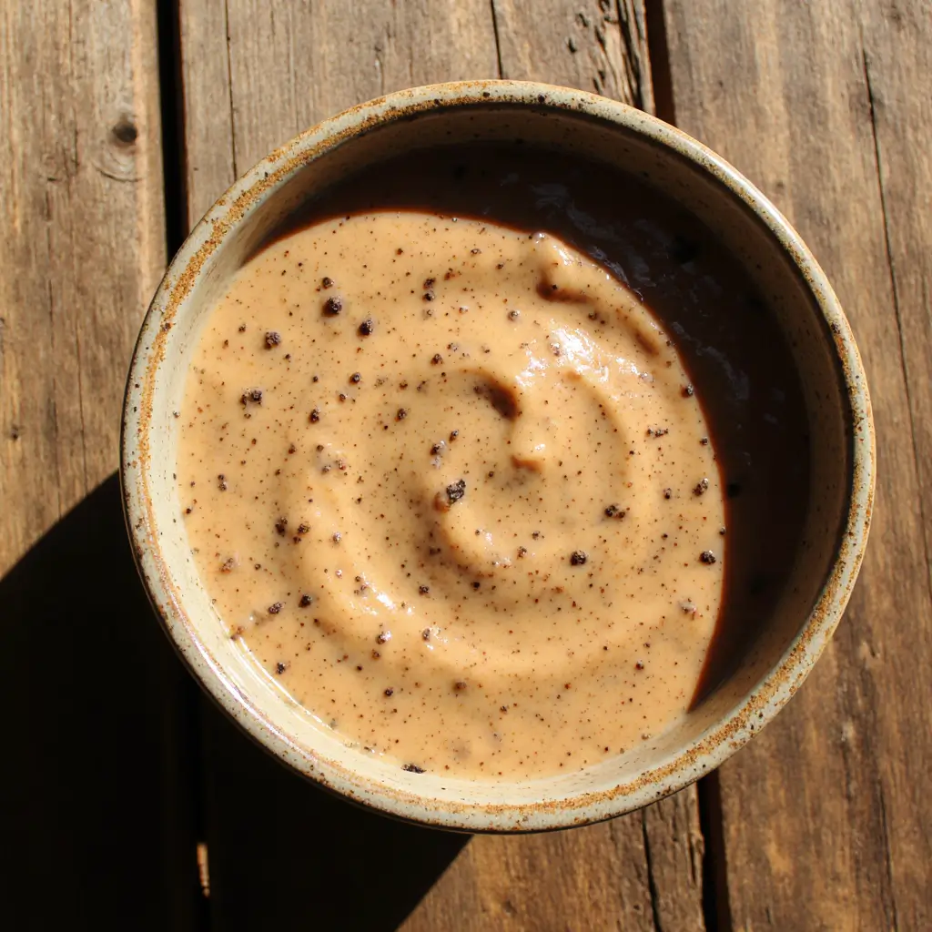 Overhead view of a small bowl filled with smooth, creamy Alabama white BBQ sauce speckled with spices on a rustic wooden table.