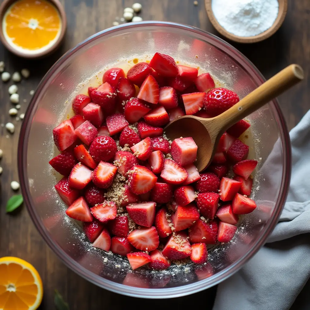 Mixing bowl of strawberries, rhubarb, sugar, and orange juice for strawberry rhubarb pie filling.