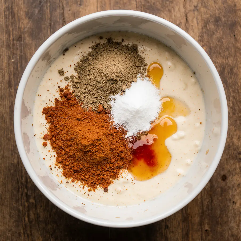 Overhead view of dry spices and hot sauce added to creamy Alabama white BBQ sauce mixture in a bowl on a rustic wooden table.