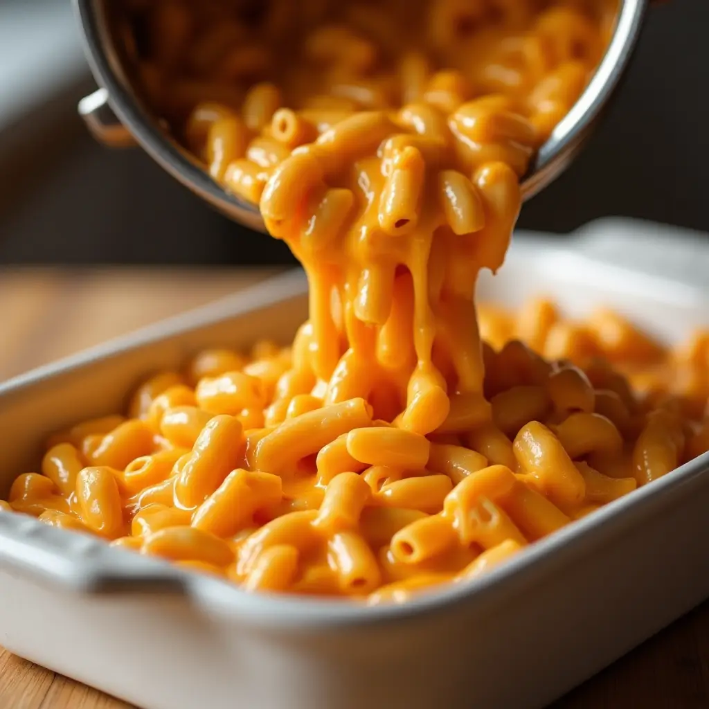 Buffalo chicken mac and cheese with visible shredded chicken, creamy buffalo cheese sauce, being poured into a buttered baking dish.