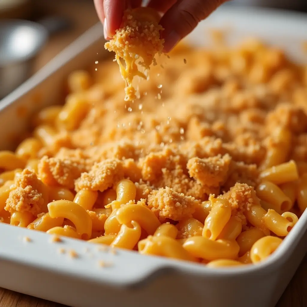 Golden panko breadcrumbs being sprinkled over creamy Buffalo chicken mac and cheese in a white baking dish, ready to bake.