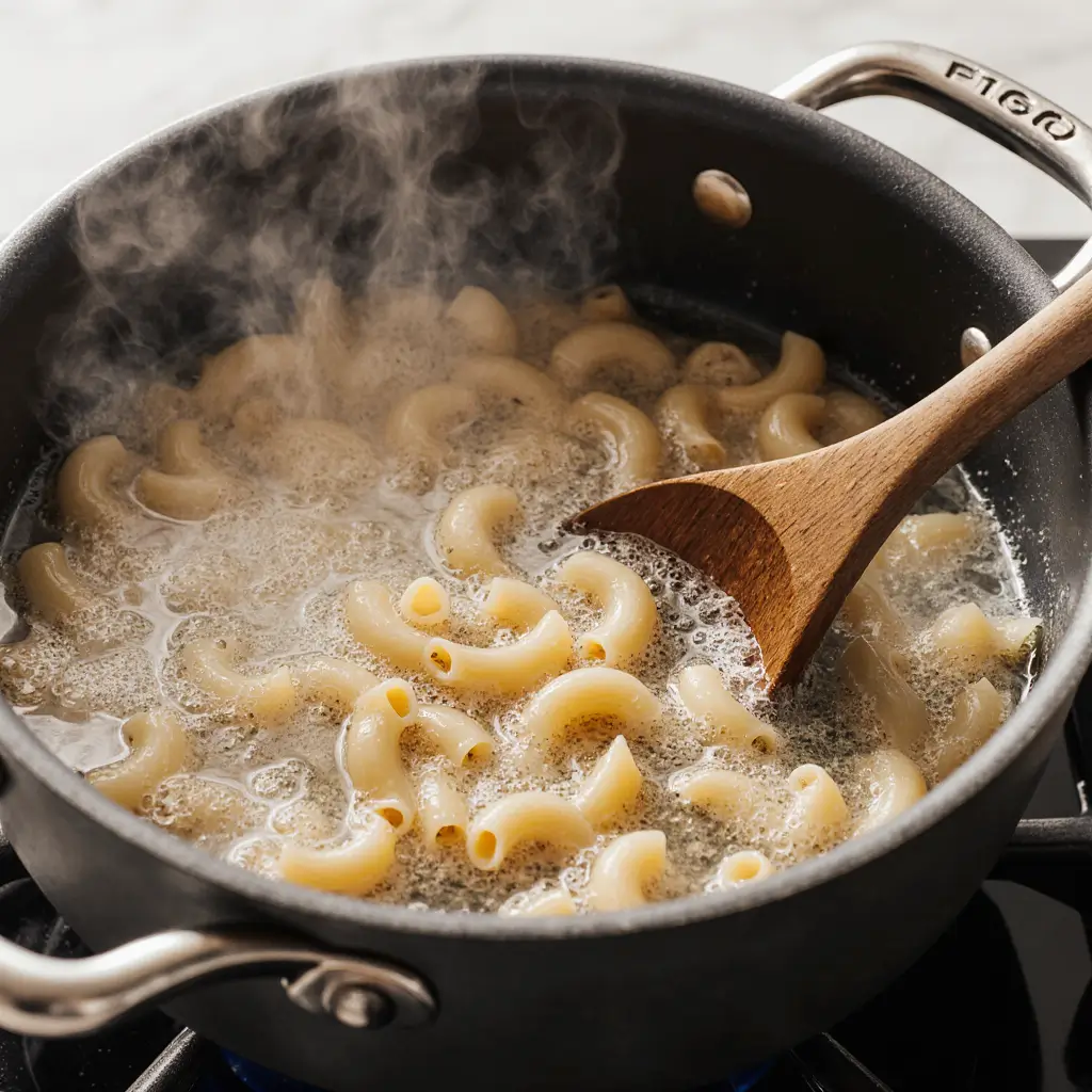 Elbow macaroni boiling in a large pot of salted water until al dente.