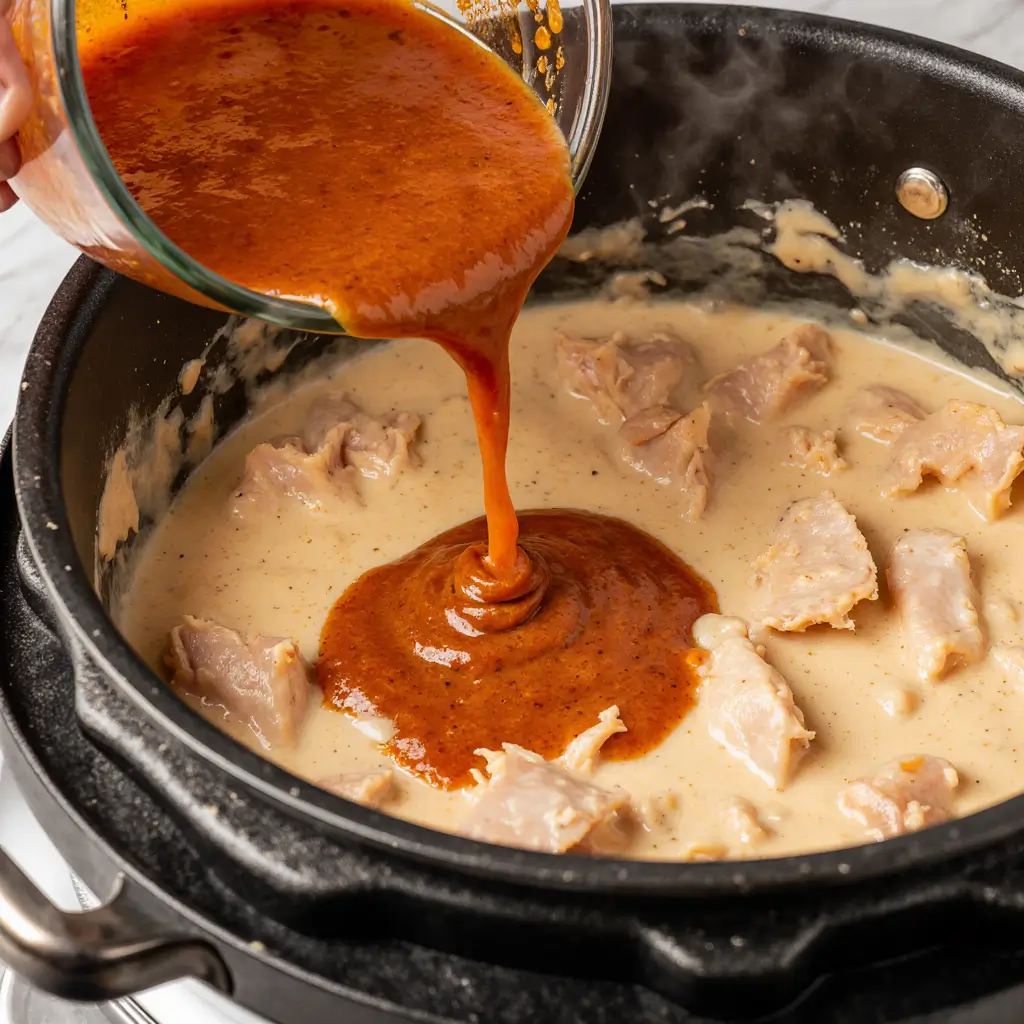 Buffalo sauce and shredded chicken mixed into creamy cheese sauce.