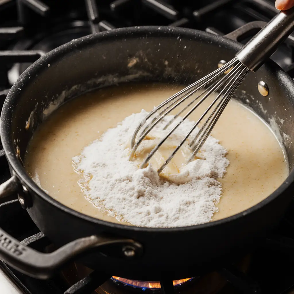 Butter and flour being whisked together in a pot to make roux for cheese sauce.