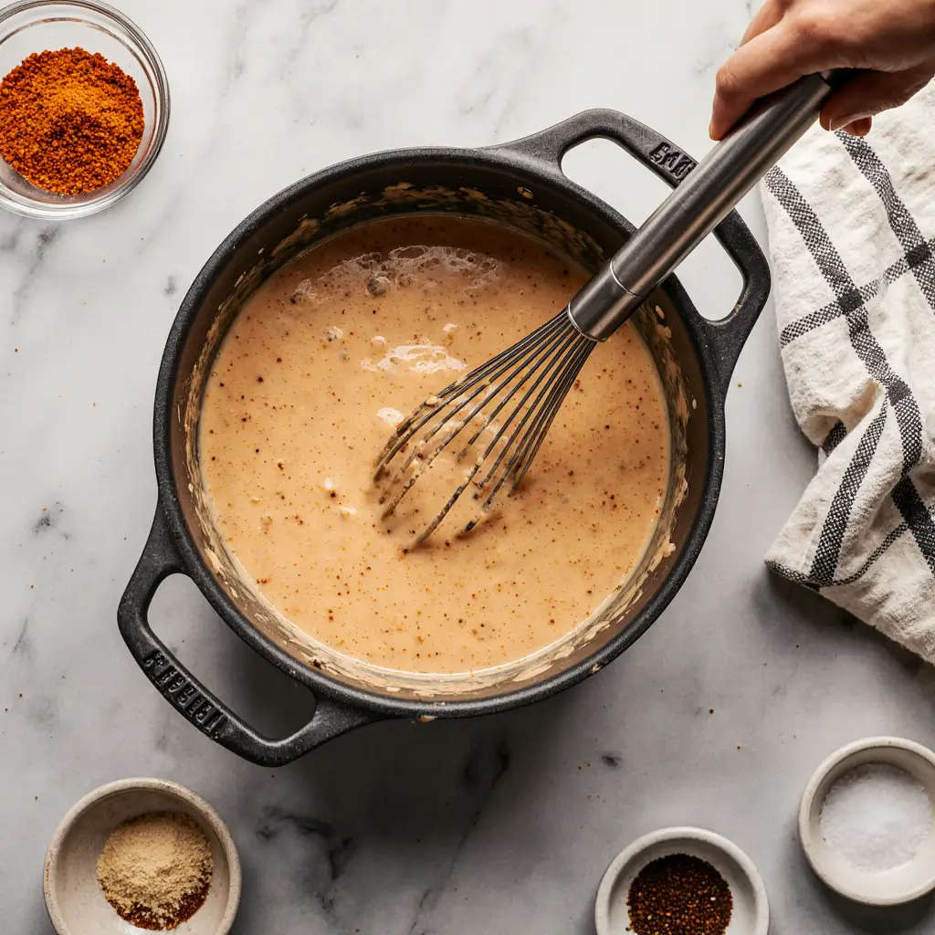 Milk whisked into roux with spices to create a thickening cheese sauce.