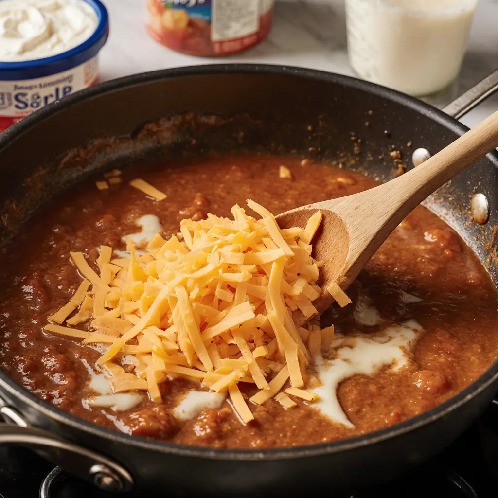 Cheddar and mozzarella cheeses melting into creamy sauce with cream cheese and sour cream.