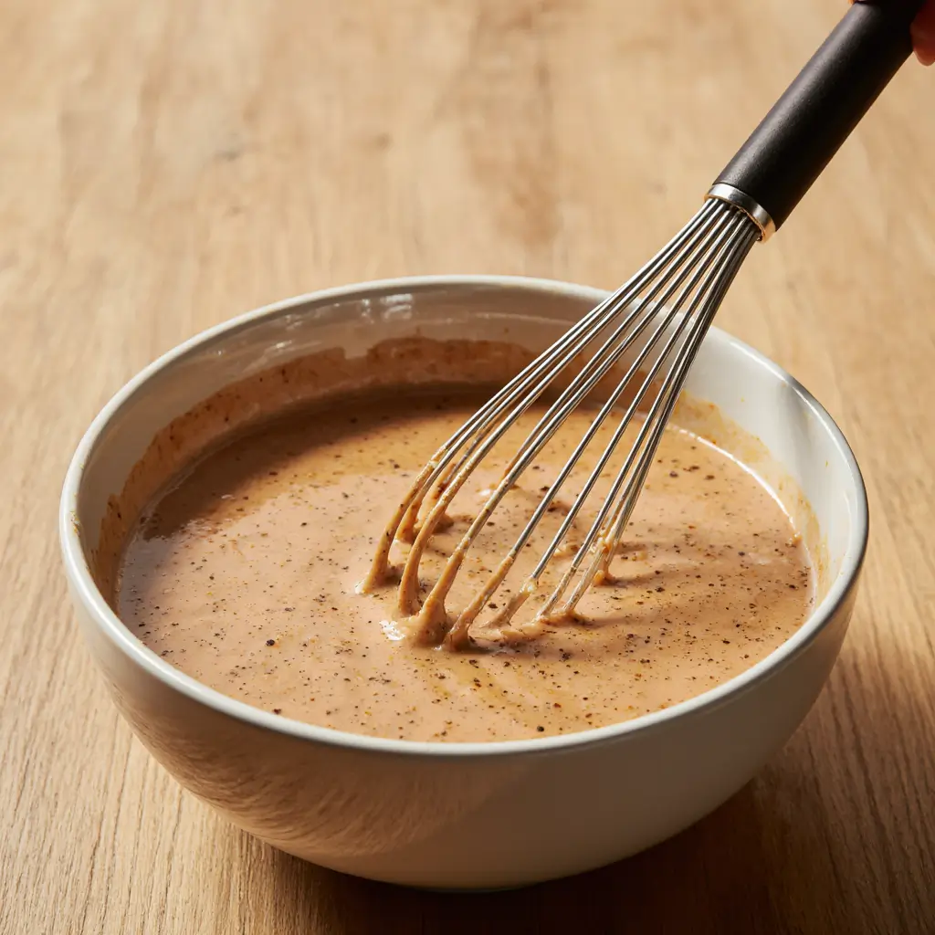 Side view of a whisk blending creamy Alabama white BBQ sauce with visible spice flecks in a bowl on a rustic wooden table.