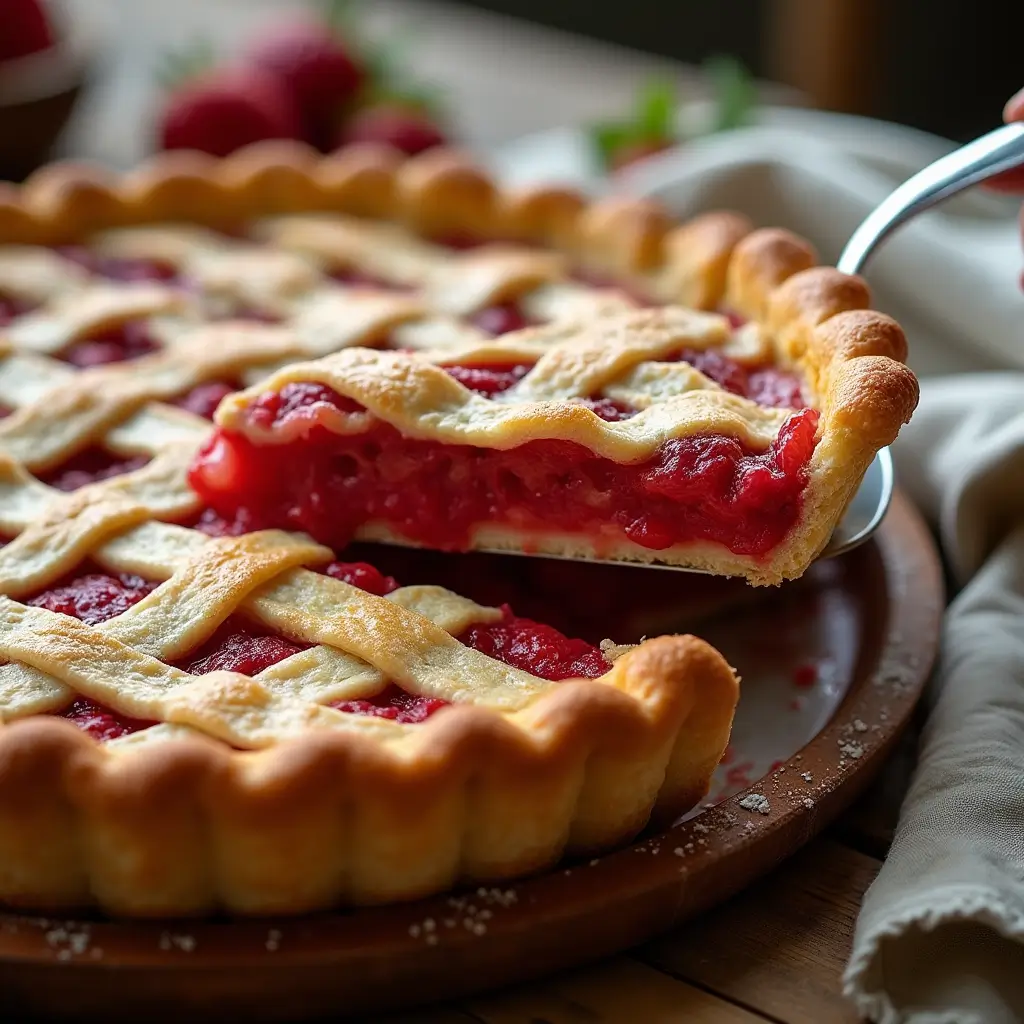 Close-up of golden strawberry rhubarb pie slice with glossy crust and set juicy filling.