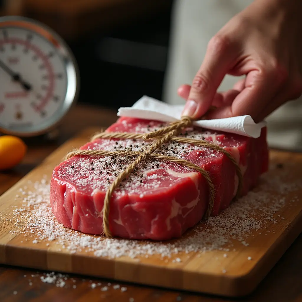 Raw beef fillet tied with kitchen twine, seasoned with salt and pepper, ready for cooking preparation.