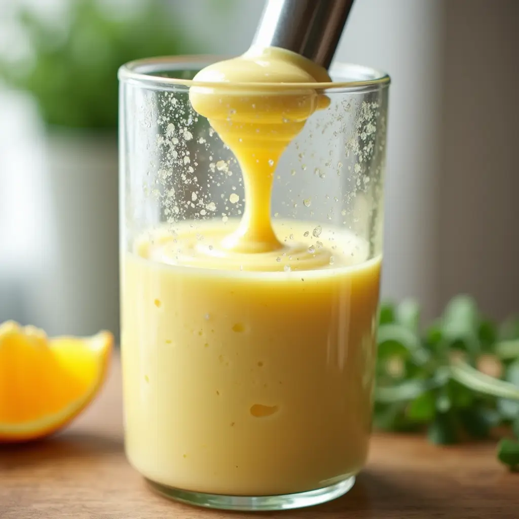 Making creamy Béarnaise sauce with immersion blender and fresh tarragon.